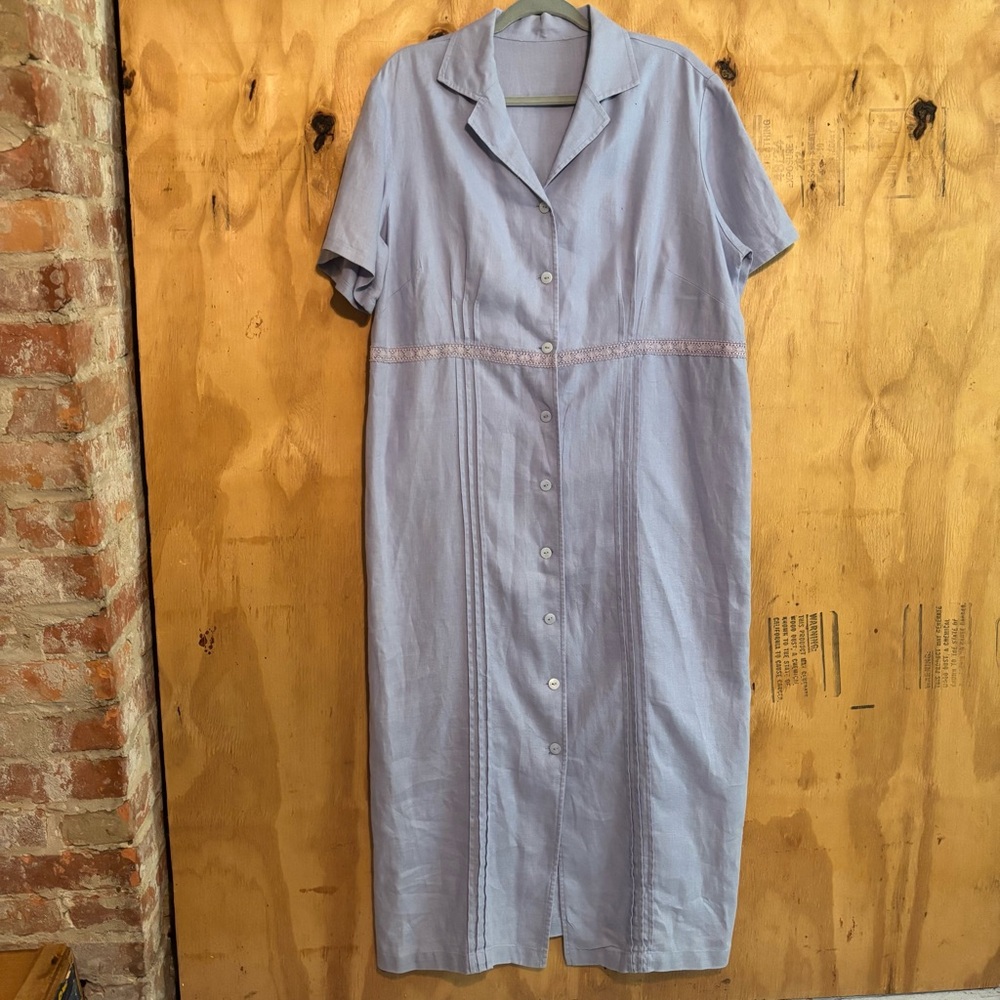 Vintage Purple Linen Button Front Short Sleeve Midi Shirt Dress